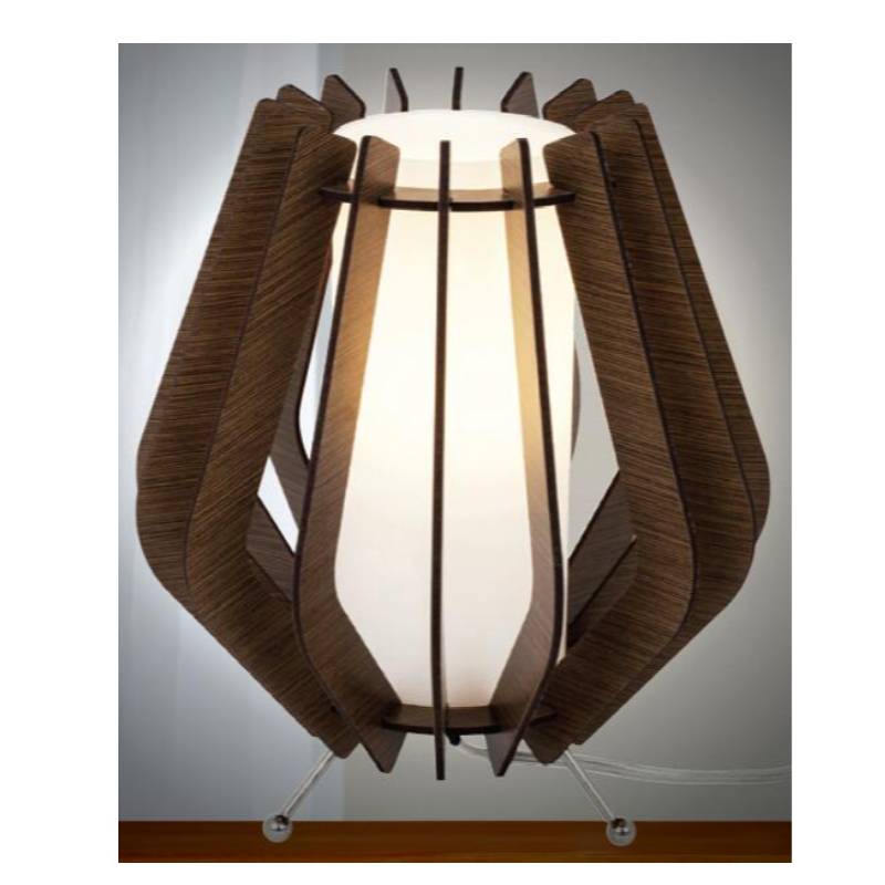 Lampa de masă din lemn maro închis cu nuanță de sticlă